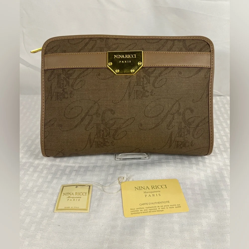 7058: Vintage Nina Ricci Paris Monogram Zip Clutch Pouch Made in Italy